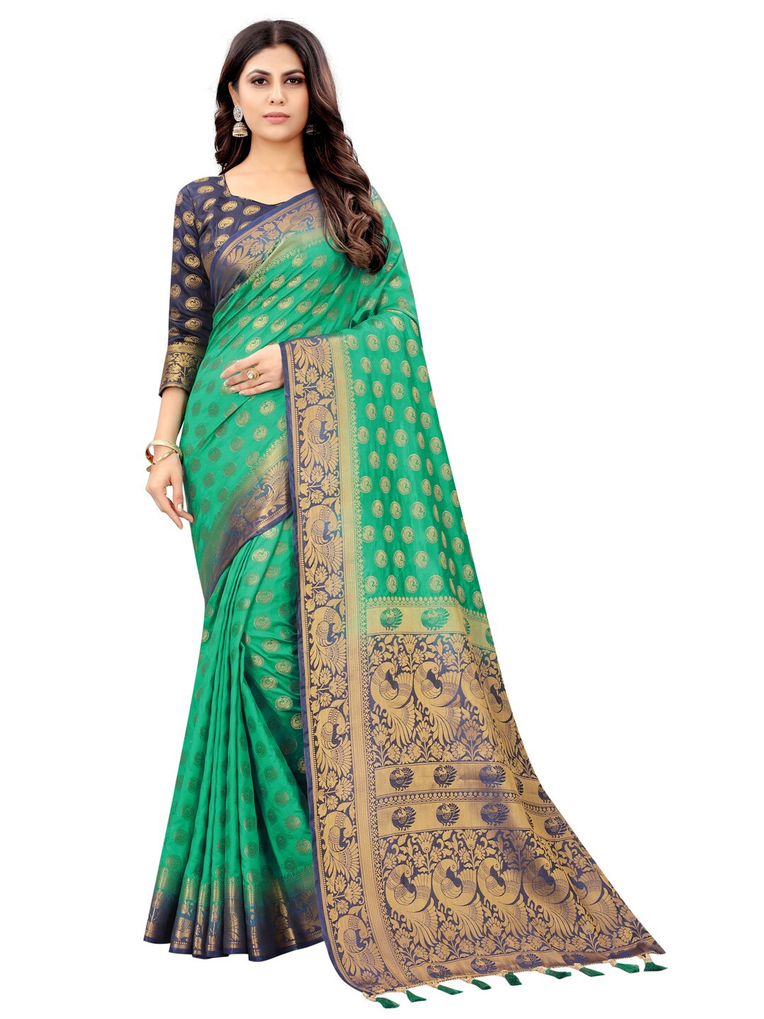 

PERFECT WEAR Green & Navy Blue Ethnic Motifs Zari Silk Cotton Banarasi Saree