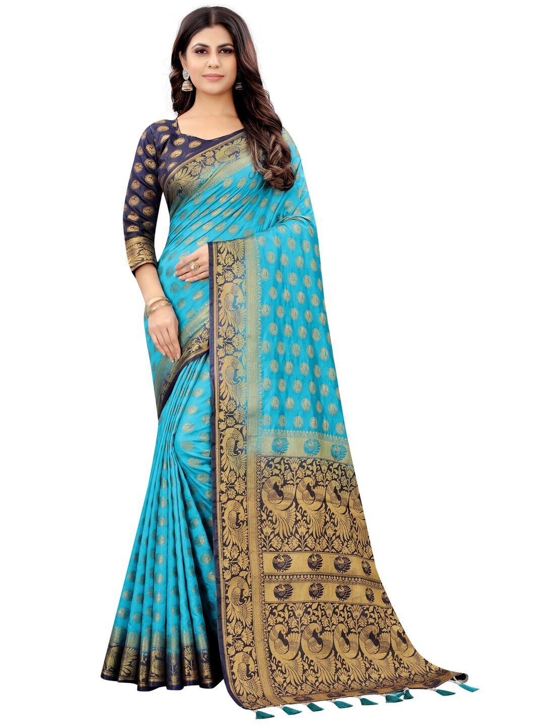 

PERFECT WEAR Blue & Gold-Toned Ethnic Motifs Zari Silk Cotton Banarasi Saree