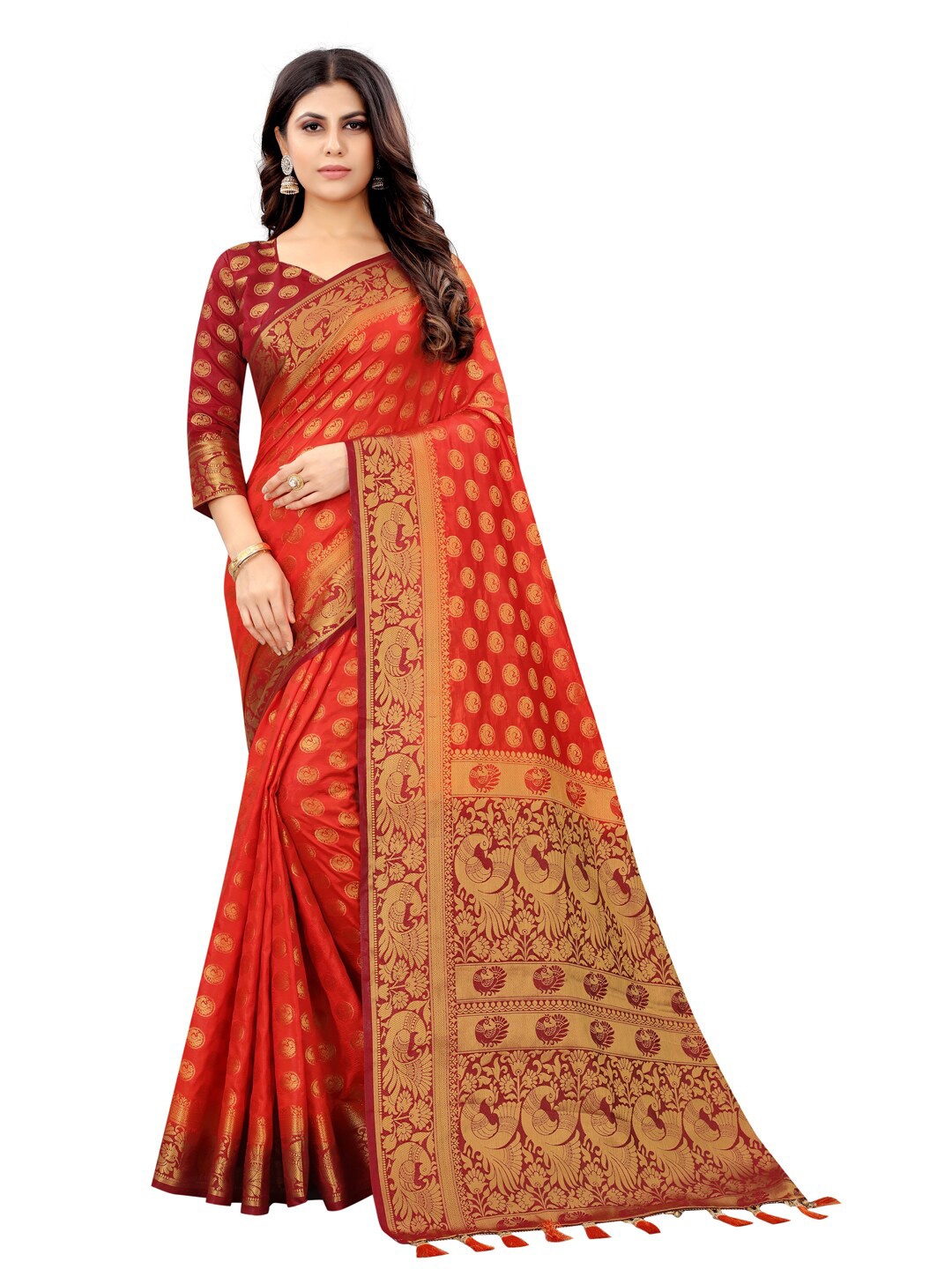 

PERFECT WEAR Red & Gold-Toned Woven Design Zari Silk Cotton Banarasi Saree