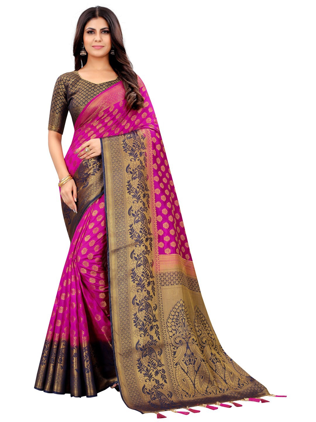 

PERFECT WEAR Navy Blue & Pink Floral Zari Silk Cotton Banarasi Saree