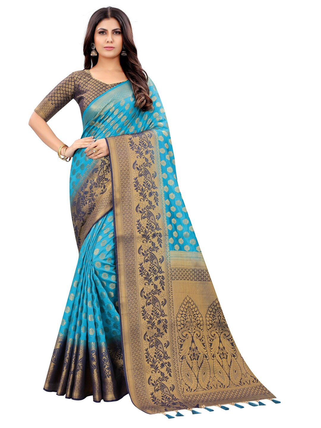 

PERFECT WEAR Blue & Gold-Toned Woven Design Zari Silk Cotton Banarasi Saree