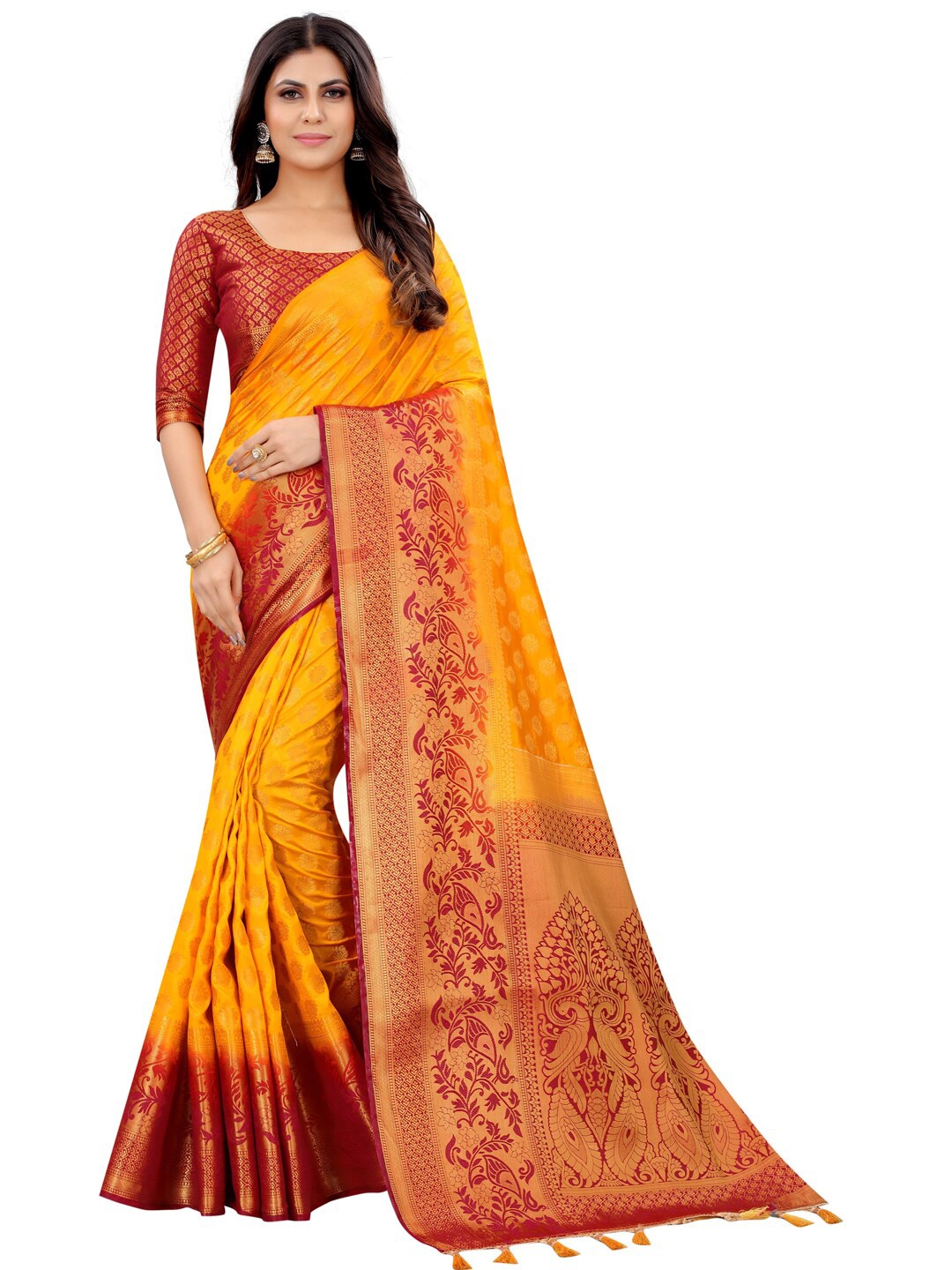 

PERFECT WEAR Yellow & Red Ethnic Motifs Zari Silk Cotton Banarasi Saree