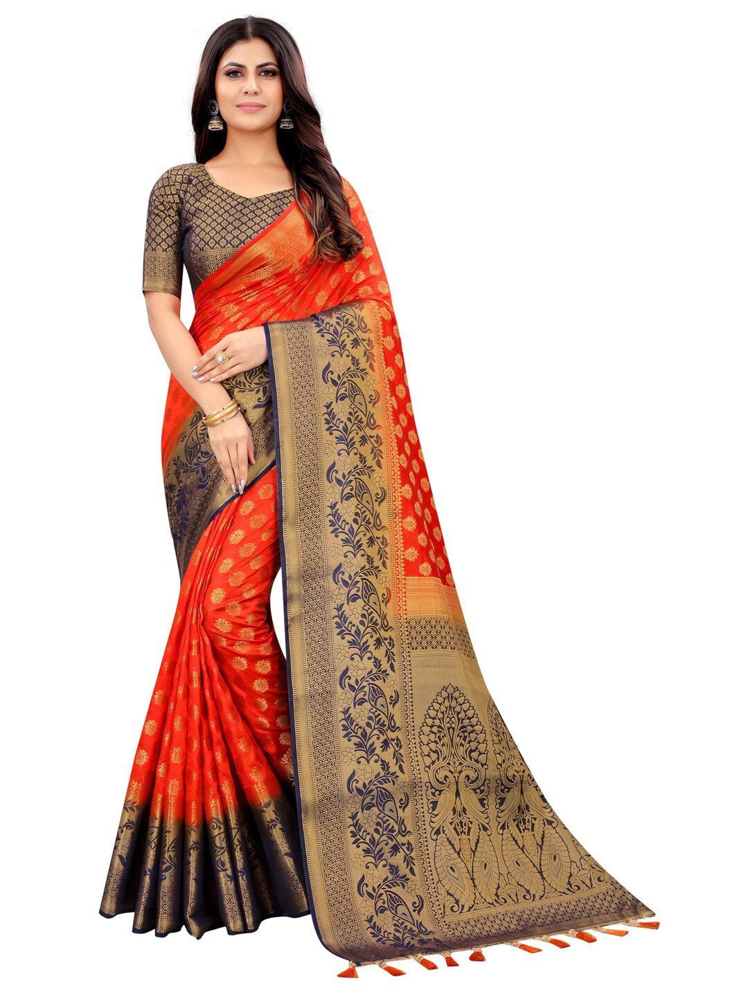 

PERFECT WEAR Red & Navy Blue Woven Design Zari Silk Cotton Banarasi Saree
