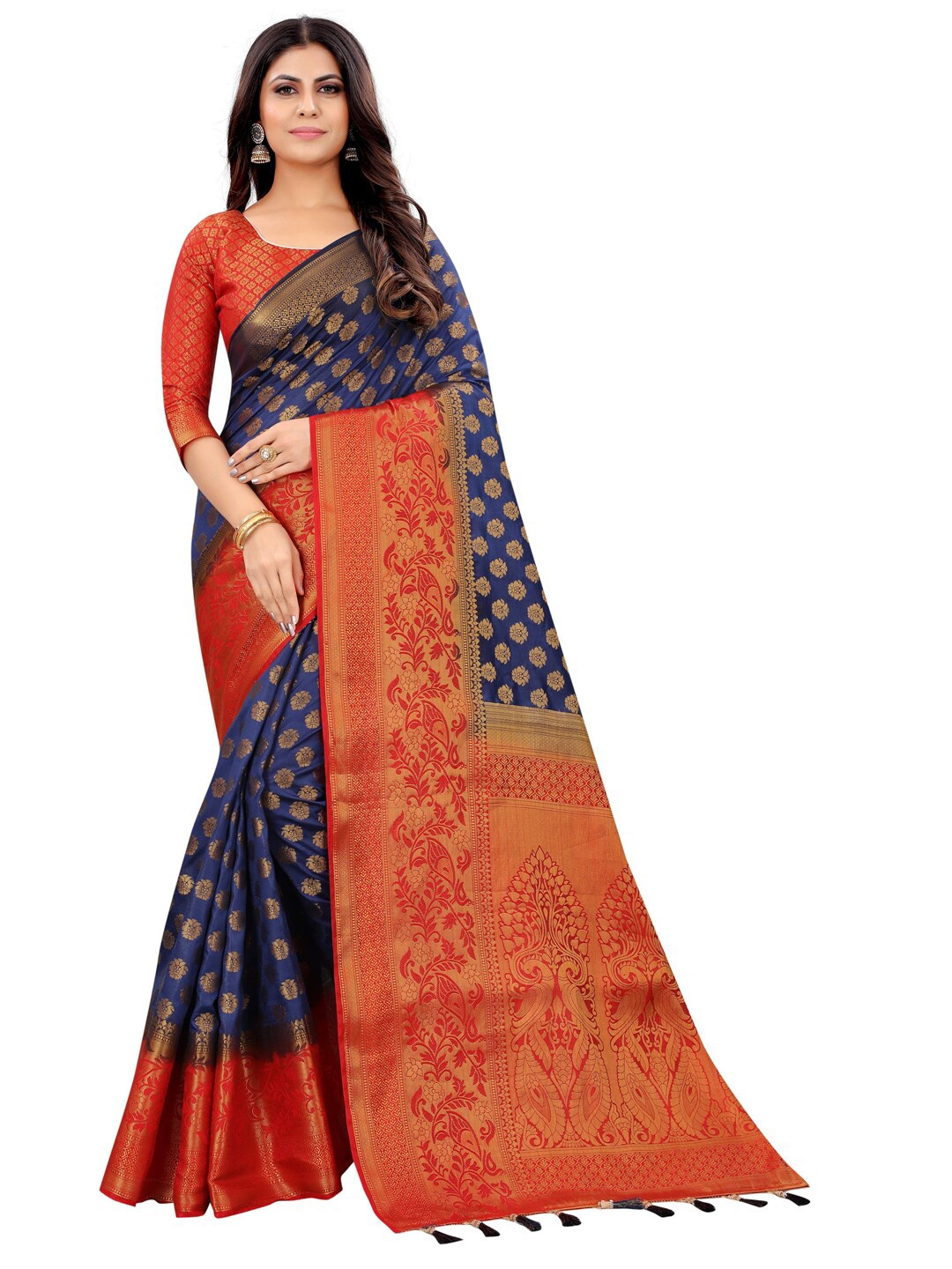 

PERFECT WEAR Blue & Red Ethnic Motifs Zari Silk Cotton Banarasi Saree