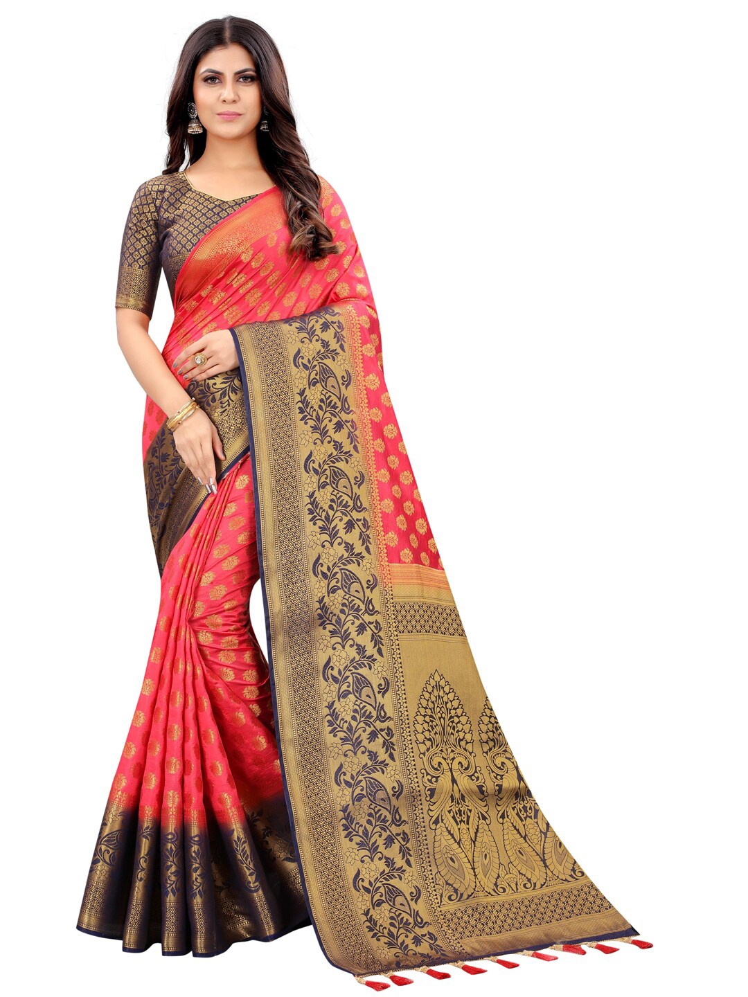 

PERFECT WEAR Pink & Blue Woven Design Zari Silk Cotton Banarasi Saree