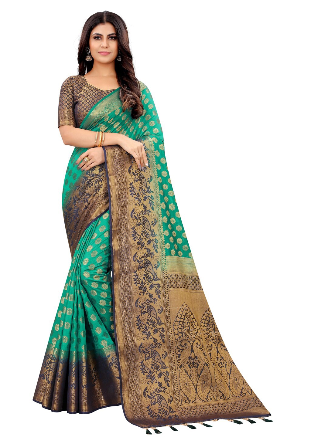 

PERFECT WEAR Teal & Navy Blue Ethnic Motifs Silk Cotton Banarasi Saree