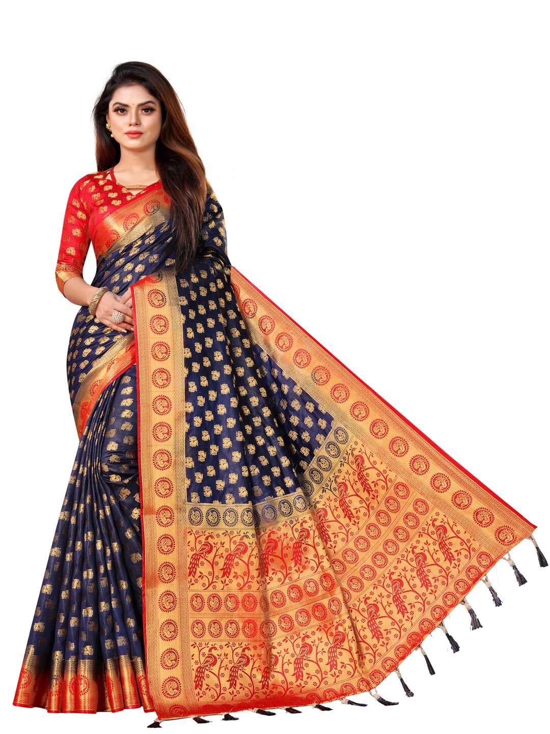 

PERFECT WEAR Blue & Red Ethnic Motifs Zari Silk Cotton Banarasi Saree