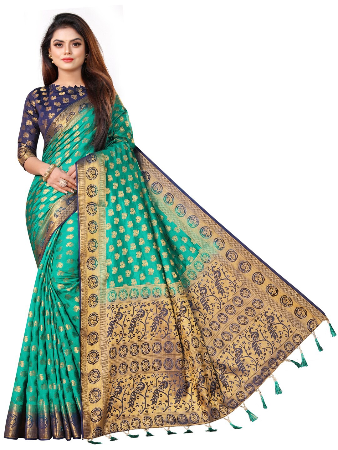 

PERFECT WEAR Green & Blue Woven Design Zari Silk Cotton Banarasi Saree