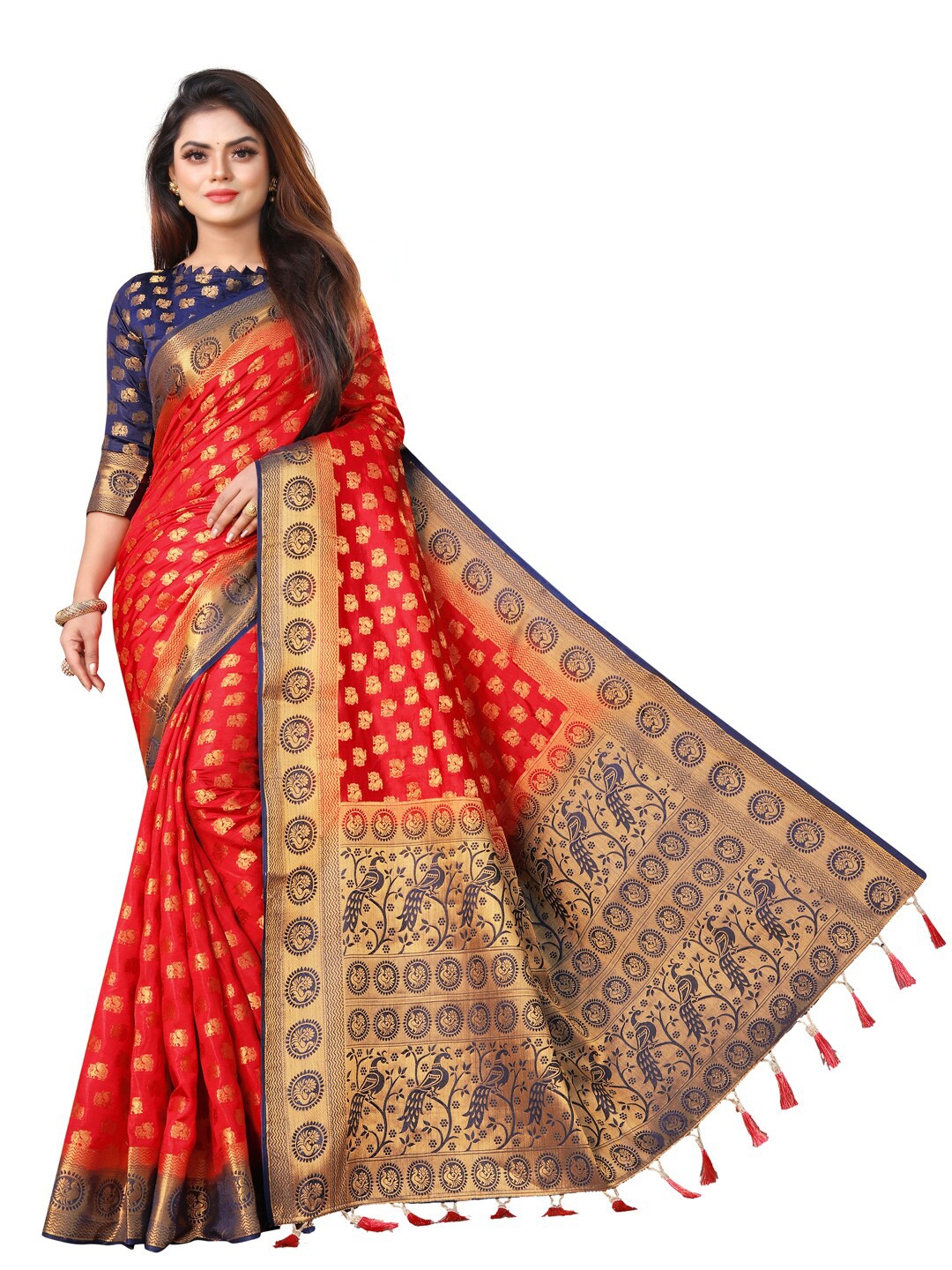 

PERFECT WEAR Red & Navy Blue Ethnic Motifs Zari Silk Cotton Banarasi Saree