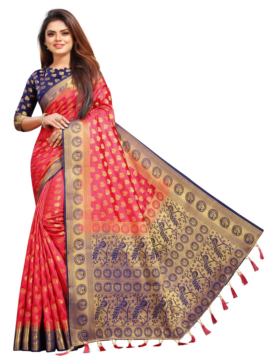 

PERFECT WEAR Red & Navy Blue Woven Design Zari Silk Cotton Banarasi Saree