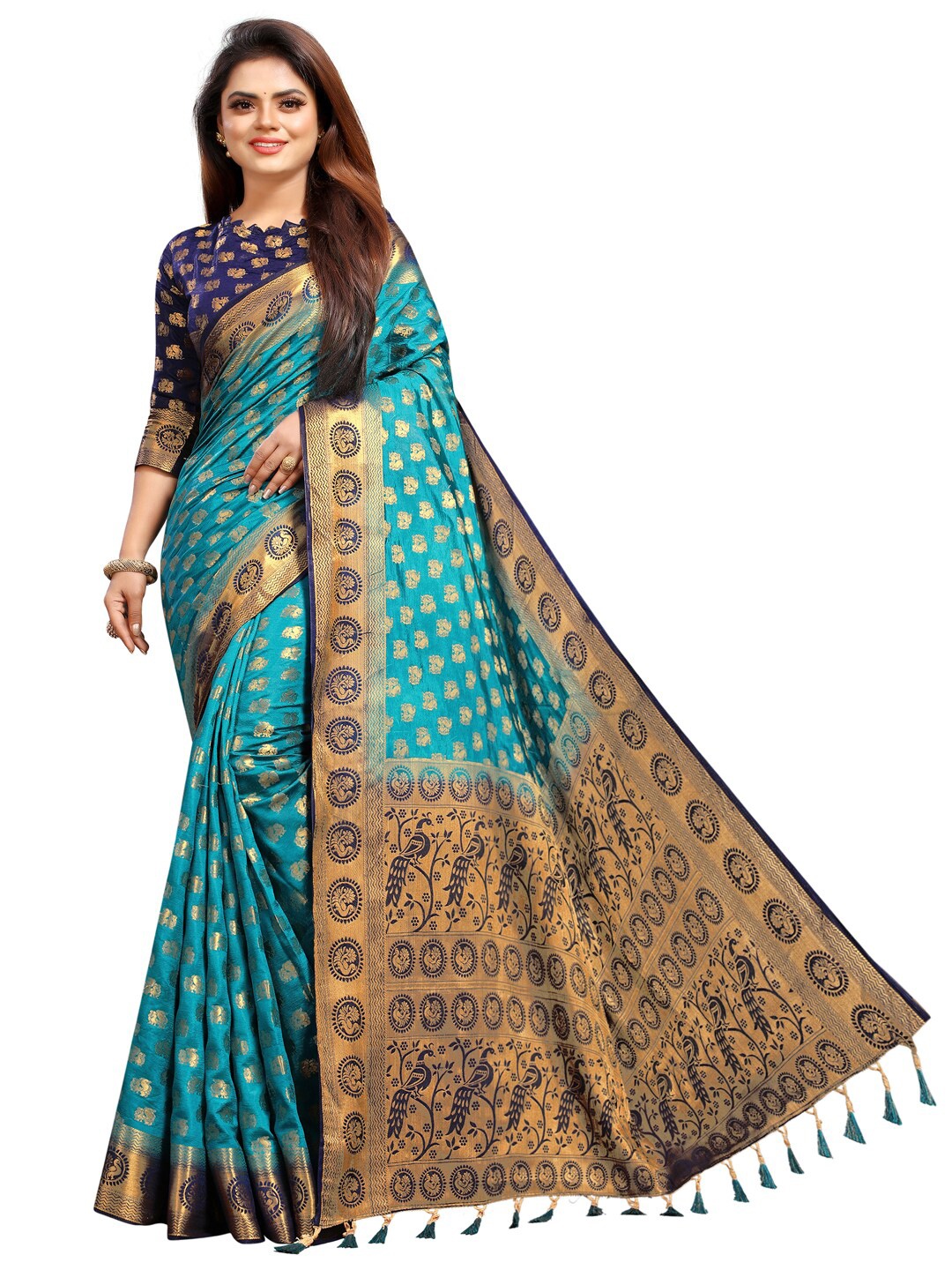 

PERFECT WEAR Blue & Gold-Toned Woven Design Zari Silk Cotton Banarasi Saree