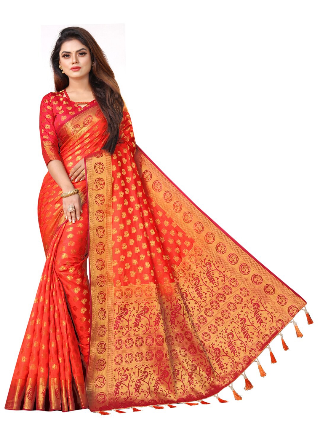 

PERFECT WEAR Red & Gold-Toned Woven Design Zari Silk Cotton Banarasi Saree