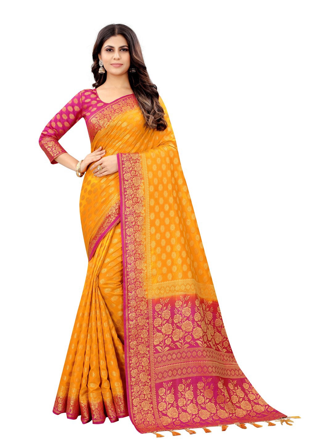 

PERFECT WEAR Yellow & Fuchsia Ethnic Motifs Silk Cotton Banarasi Saree