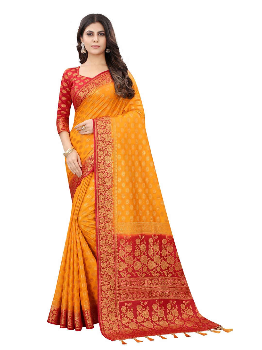 

PERFECT WEAR Yellow & Red Ethnic Motifs Zari Silk Cotton Banarasi Saree