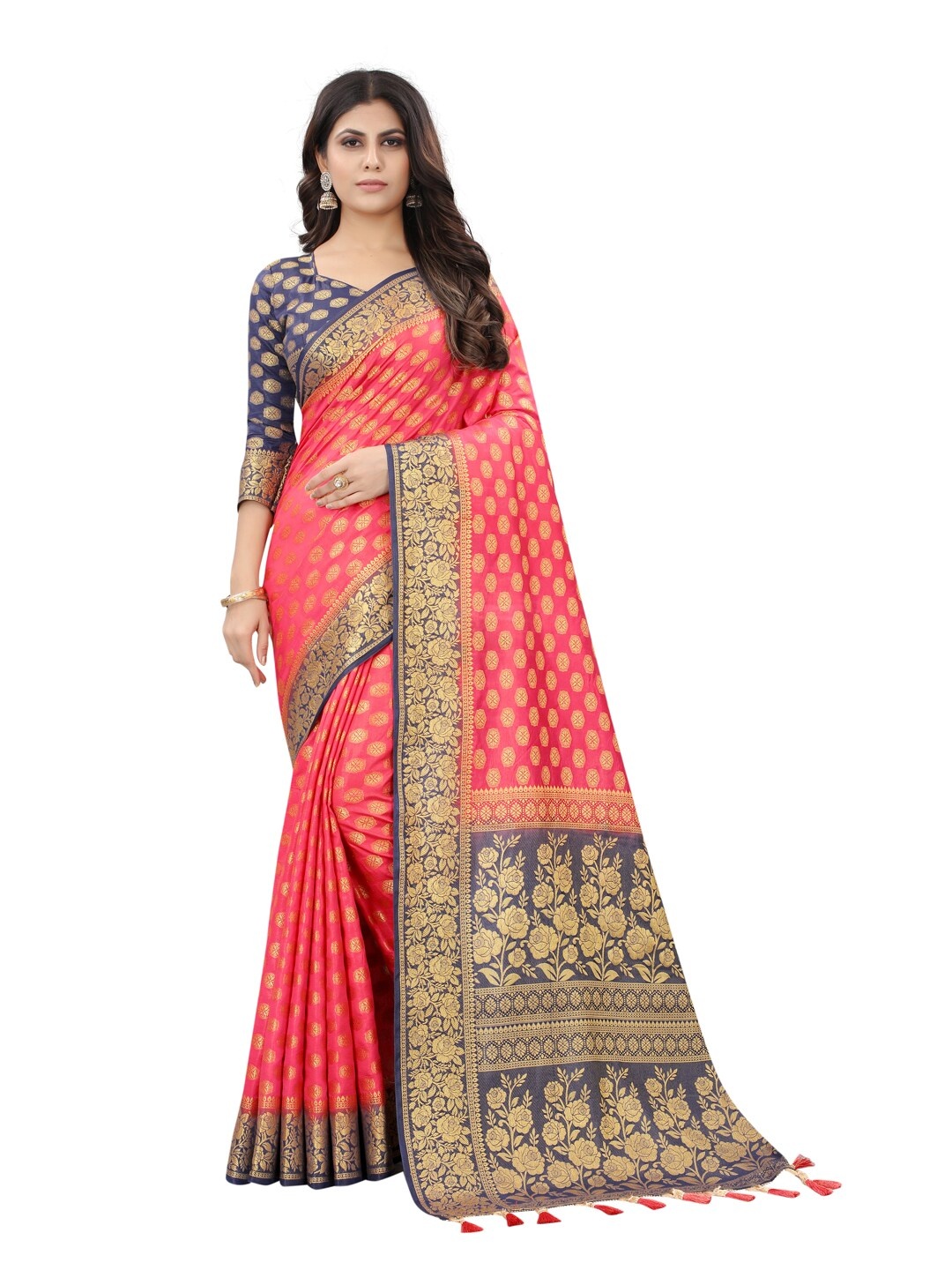 

PERFECT WEAR Pink & Navy Blue Woven Design Zari Silk Cotton Banarasi Saree