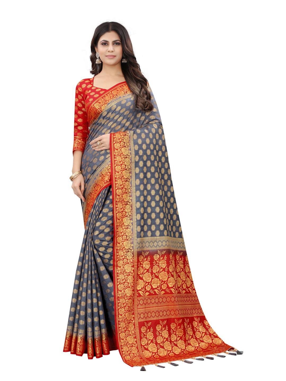 

PERFECT WEAR Grey & Red Ethnic Motifs Zari Silk Cotton Banarasi Saree