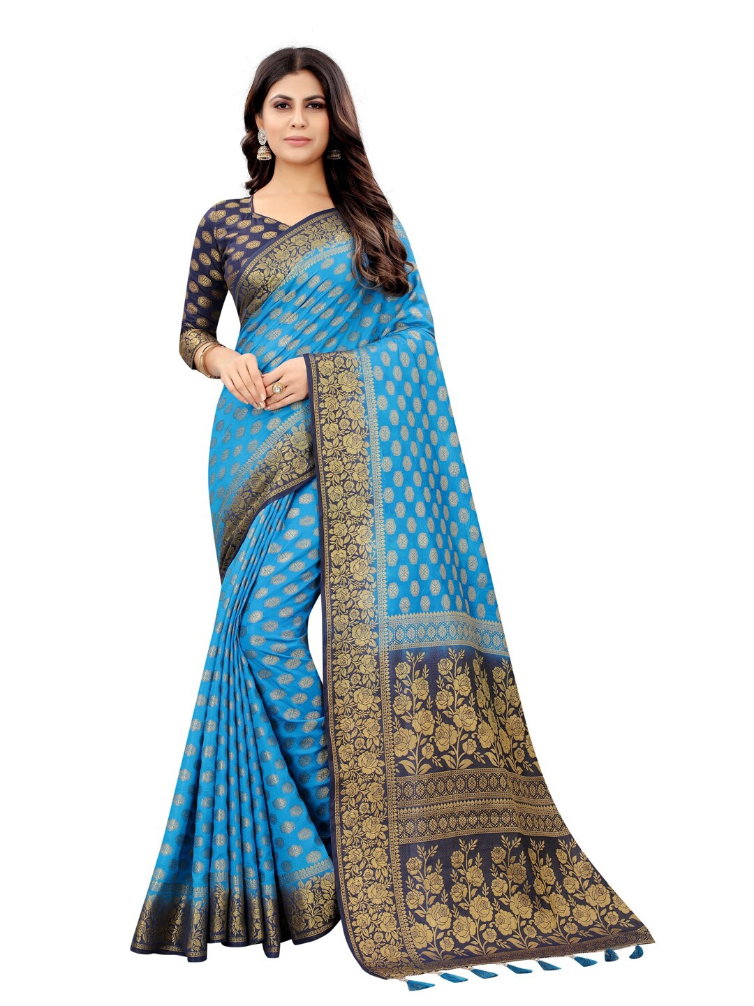 

PERFECT WEAR Blue & Gold-Toned Ethnic Motifs Zari Silk Cotton Banarasi Saree