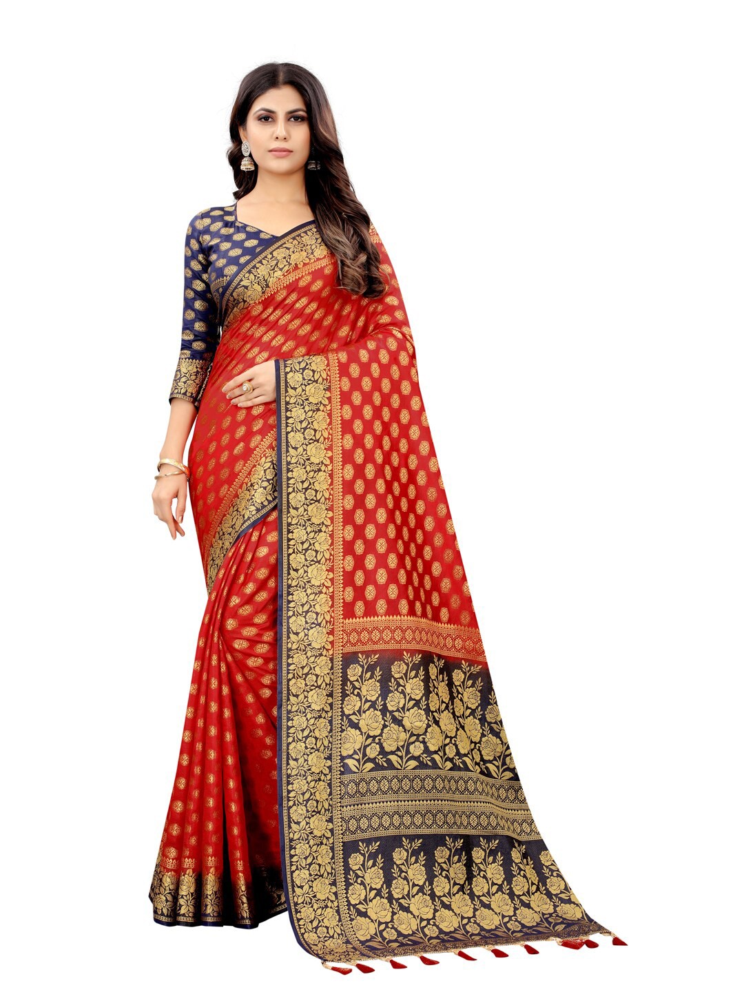

PERFECT WEAR Red & Navy Blue Woven Design Zari Silk Cotton Banarasi Saree