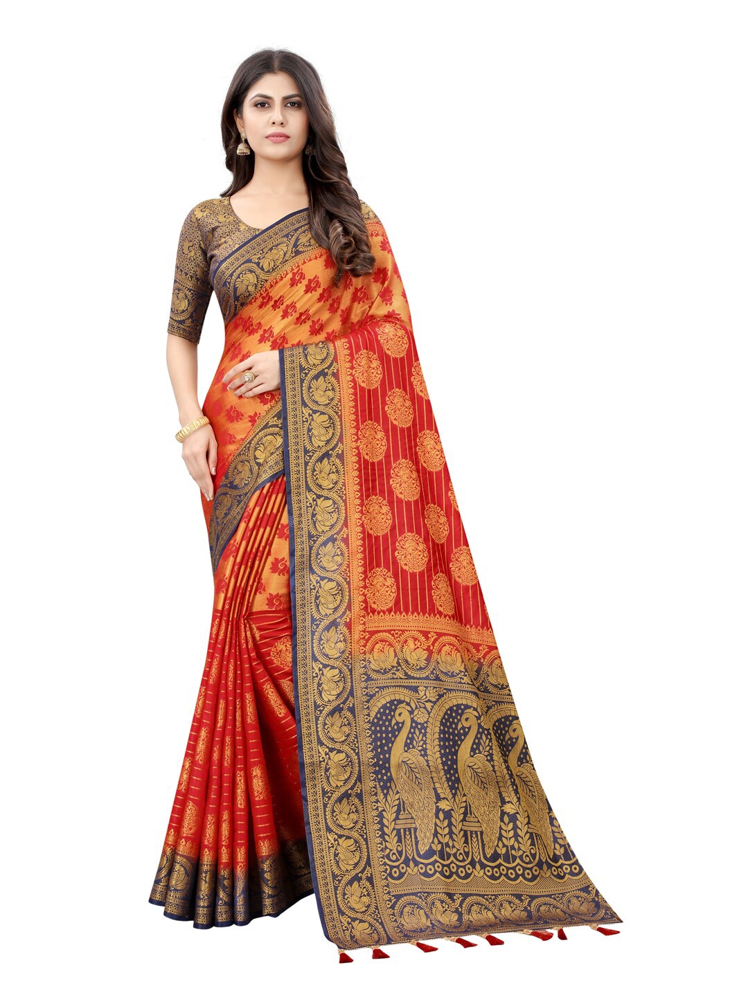 

PERFECT WEAR Red & Navy Blue Woven Design Zari Silk Cotton Banarasi Saree