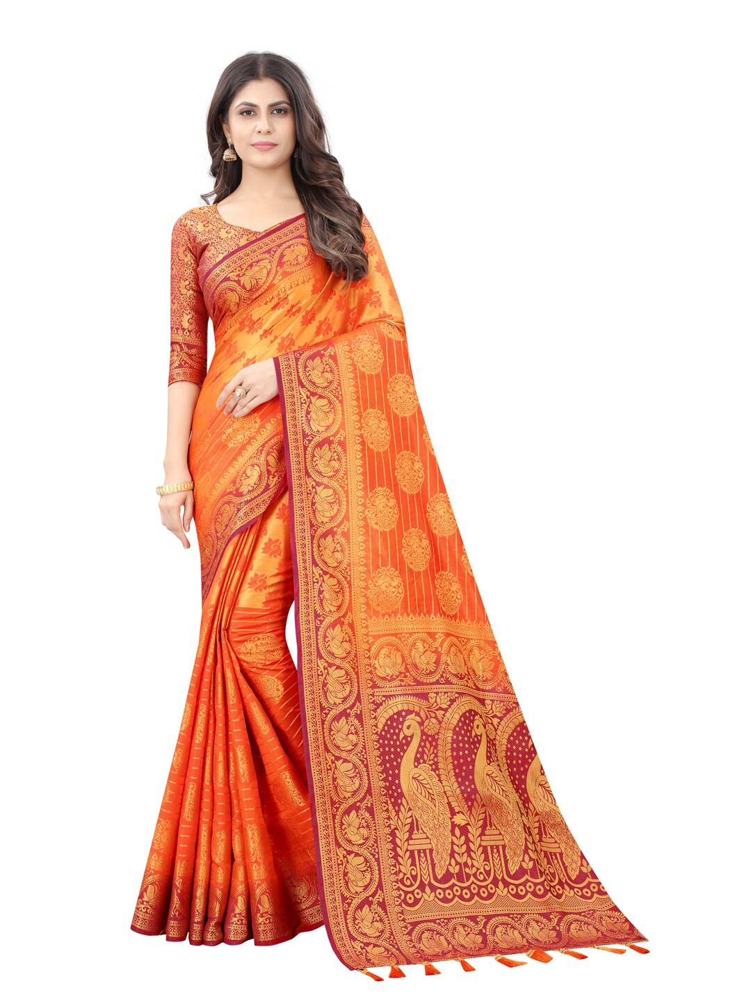 

PERFECT WEAR Rust & Red Woven Design Zari Silk Cotton Banarasi Saree