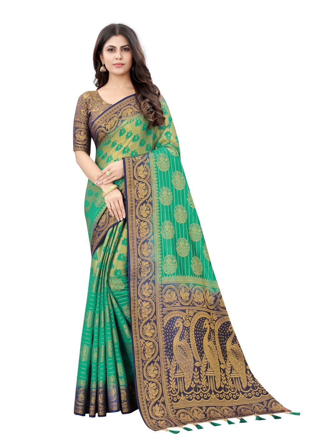 

PERFECT WEAR Teal Green & Navy Blue Ethnic Motifs Silk Cotton Banarasi Saree