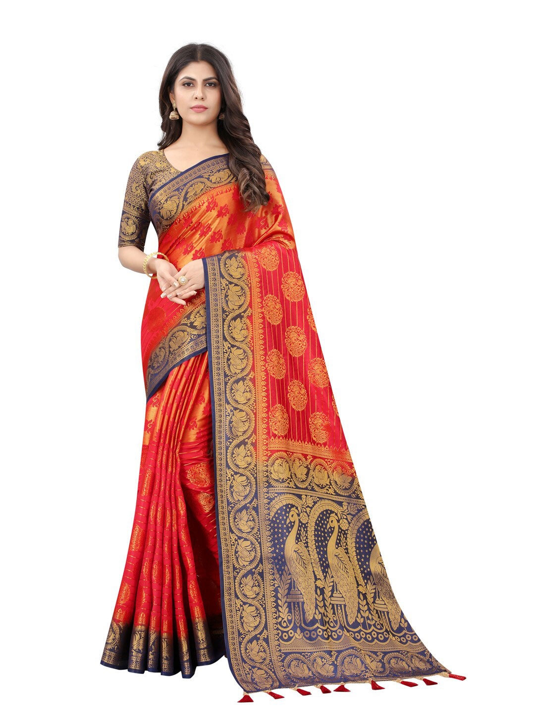

PERFECT WEAR Red & Blue Woven Design Zari Silk Cotton Banarasi Saree