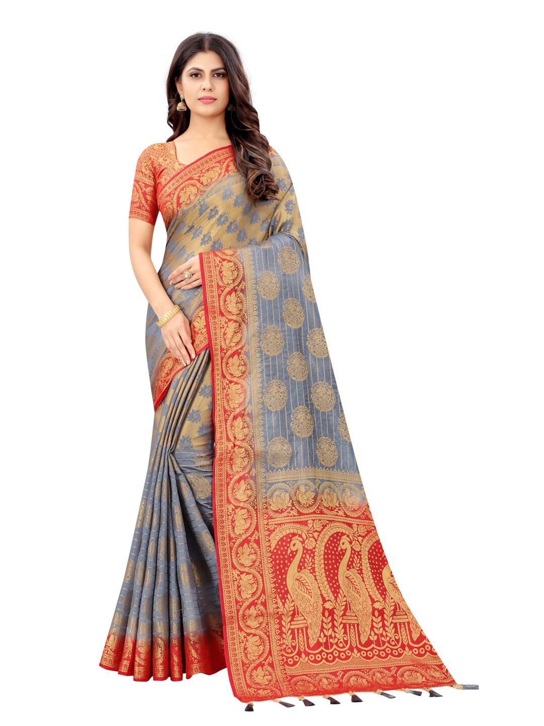 

PERFECT WEAR Grey & Red Woven Design Zari Silk Cotton Banarasi Saree