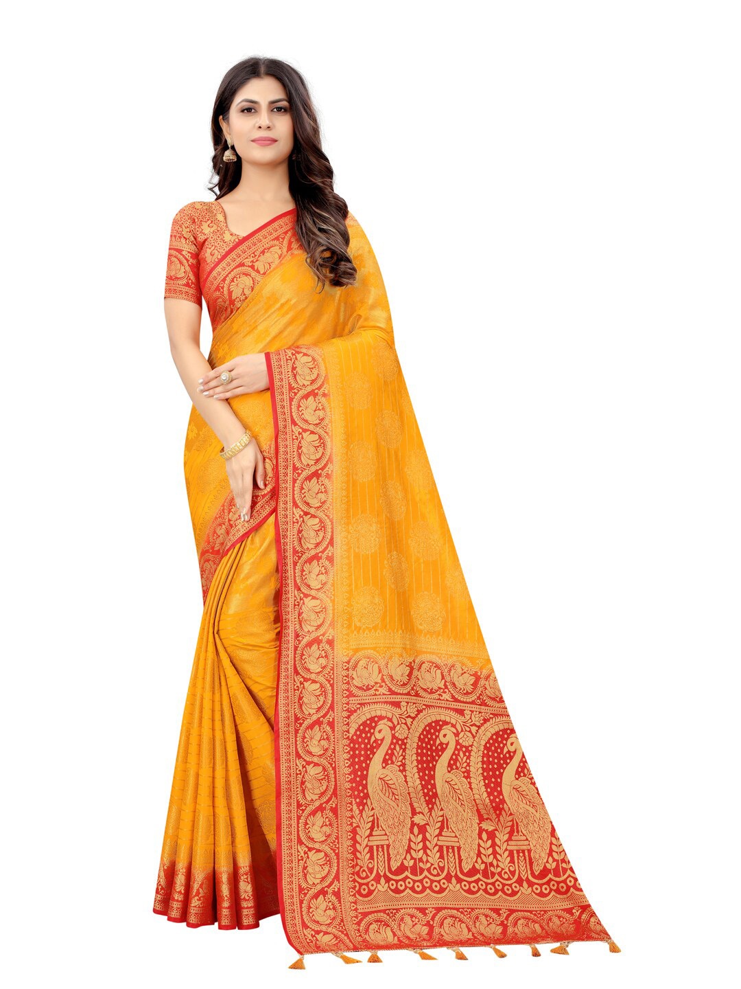 

PERFECT WEAR Yellow & Red Ethnic Motifs Zari Silk Cotton Banarasi Saree