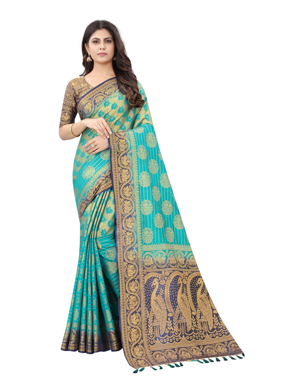 

PERFECT WEAR Blue & Gold-Toned Woven Design Zari Silk Cotton Banarasi Saree