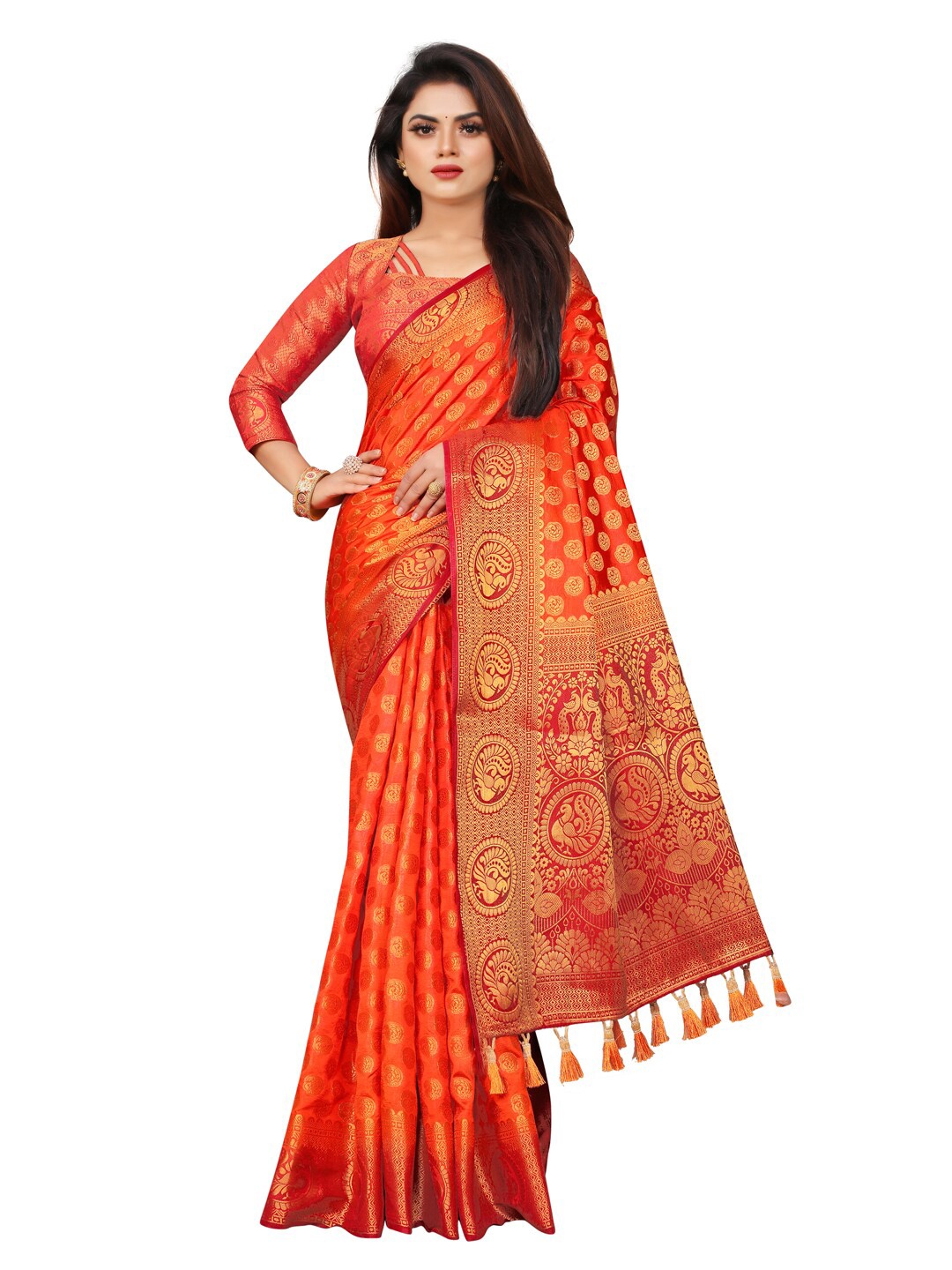 

PERFECT WEAR Red & Gold-Toned Woven Design Zari Silk Cotton Banarasi Saree