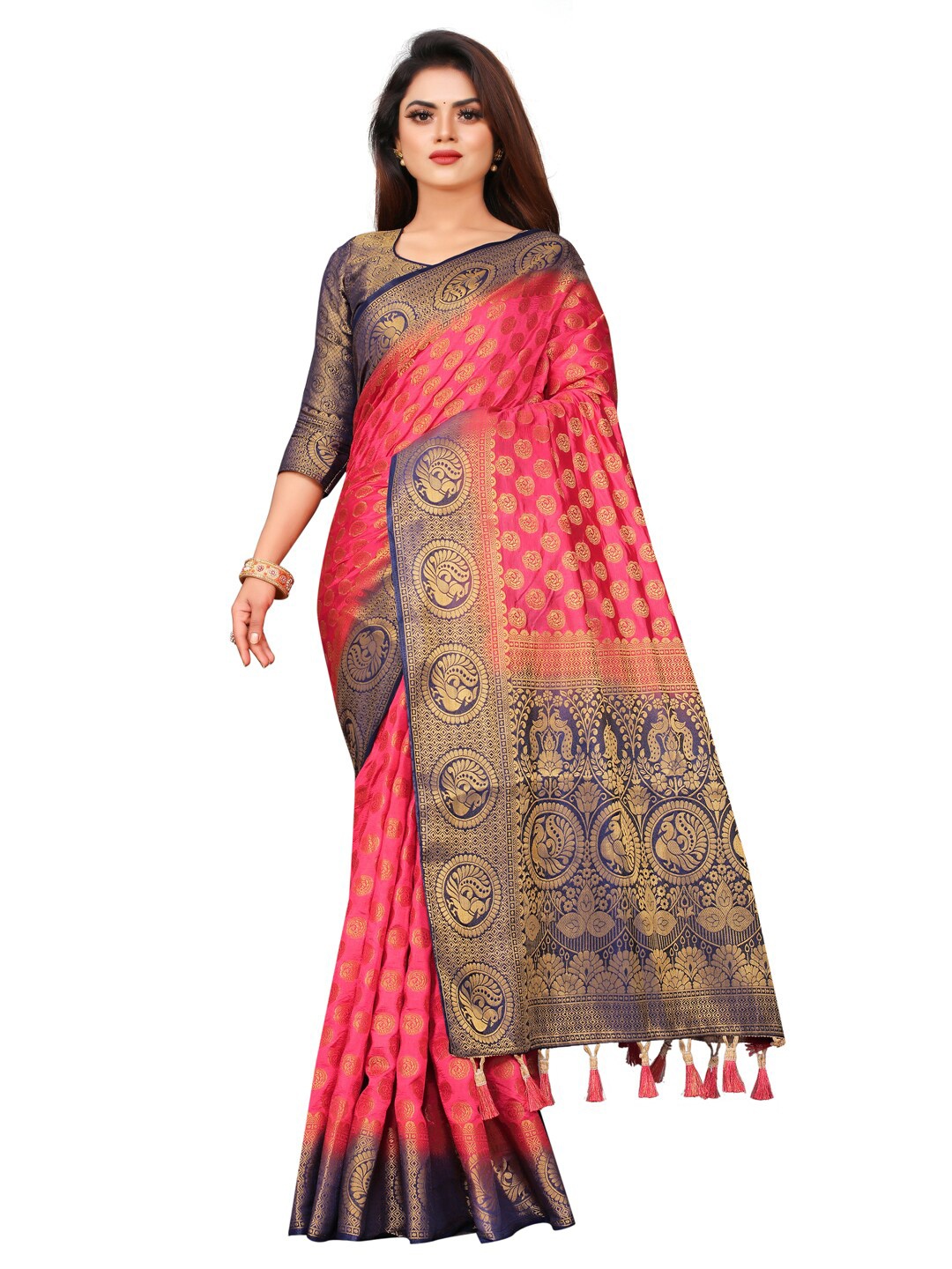 

PERFECT WEAR Pink & Blue Ethnic Motifs Zari Silk Cotton Banarasi Saree