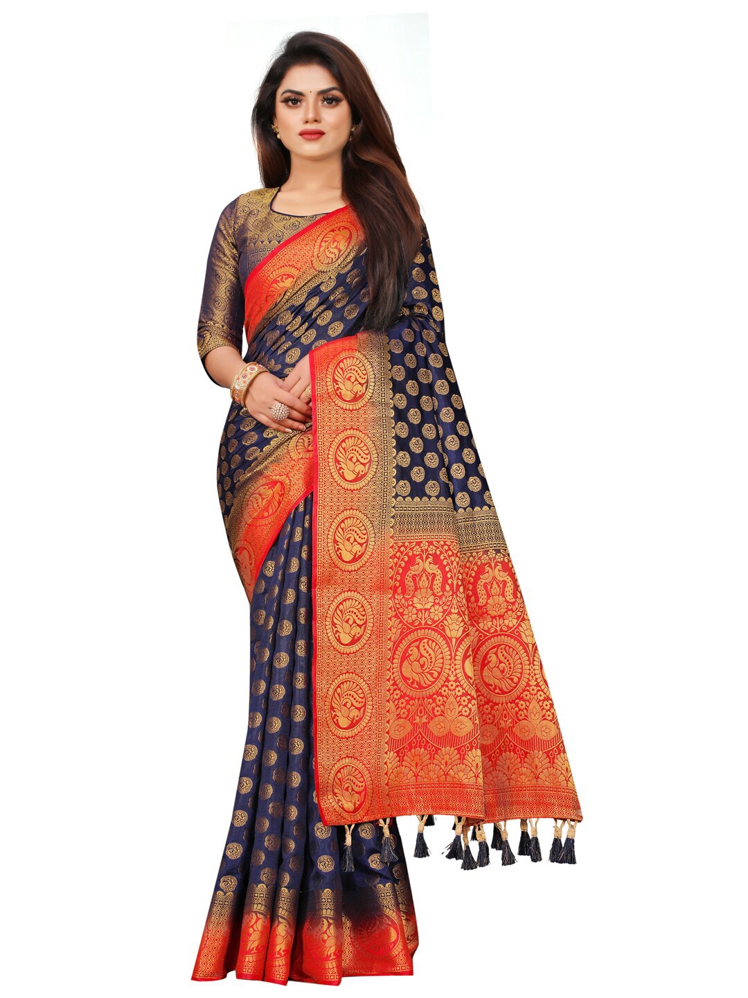 

PERFECT WEAR Navy Blue & Red Floral Zari Silk Cotton Banarasi Saree