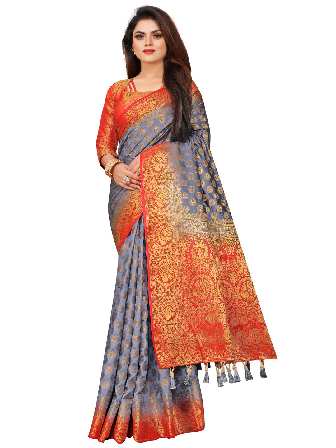 

PERFECT WEAR Grey & Red Ethnic Motifs Zari Silk Cotton Banarasi Saree