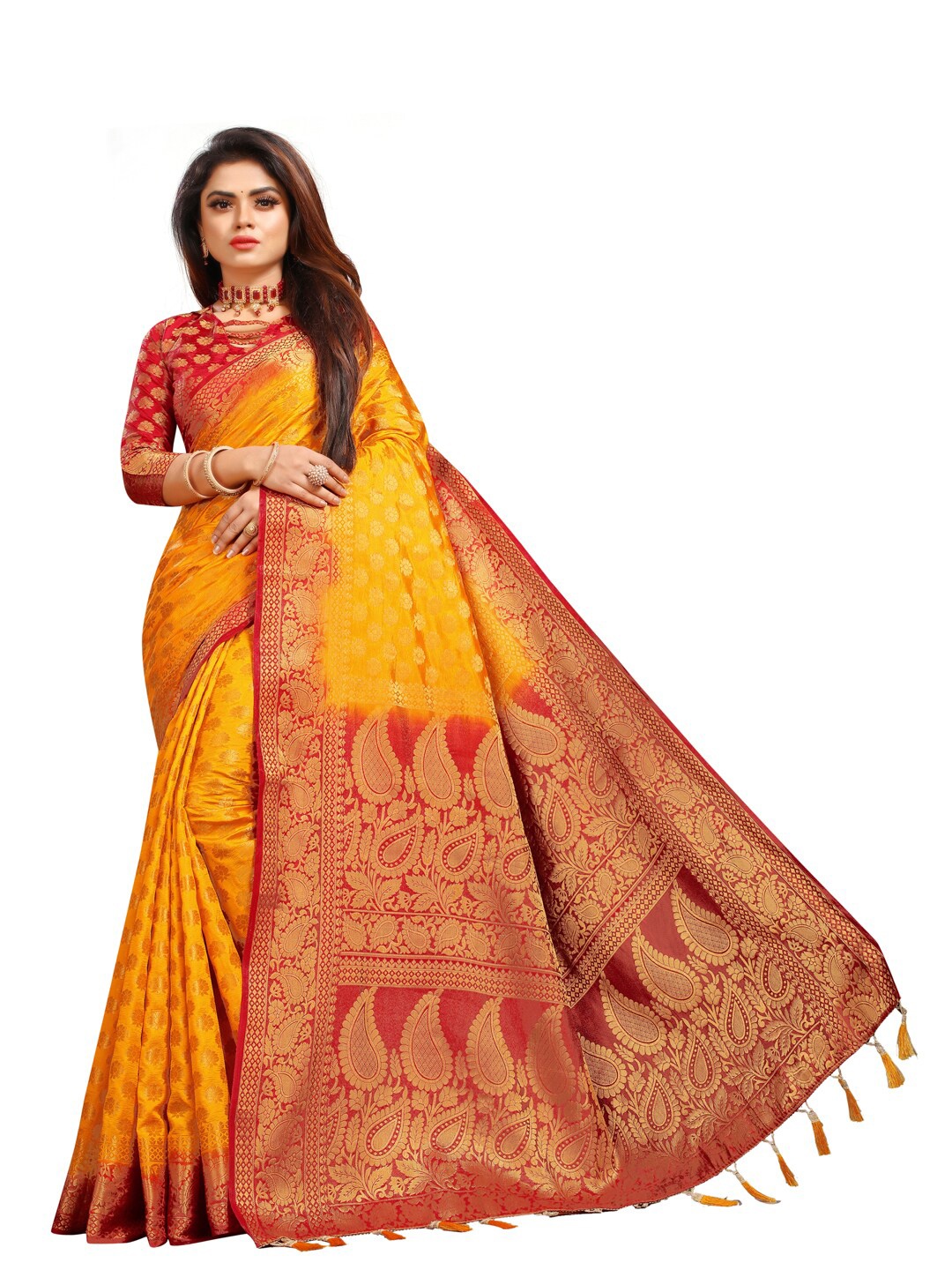 

PERFECT WEAR Mustard & Red Woven Design Zari Silk Cotton Banarasi Saree