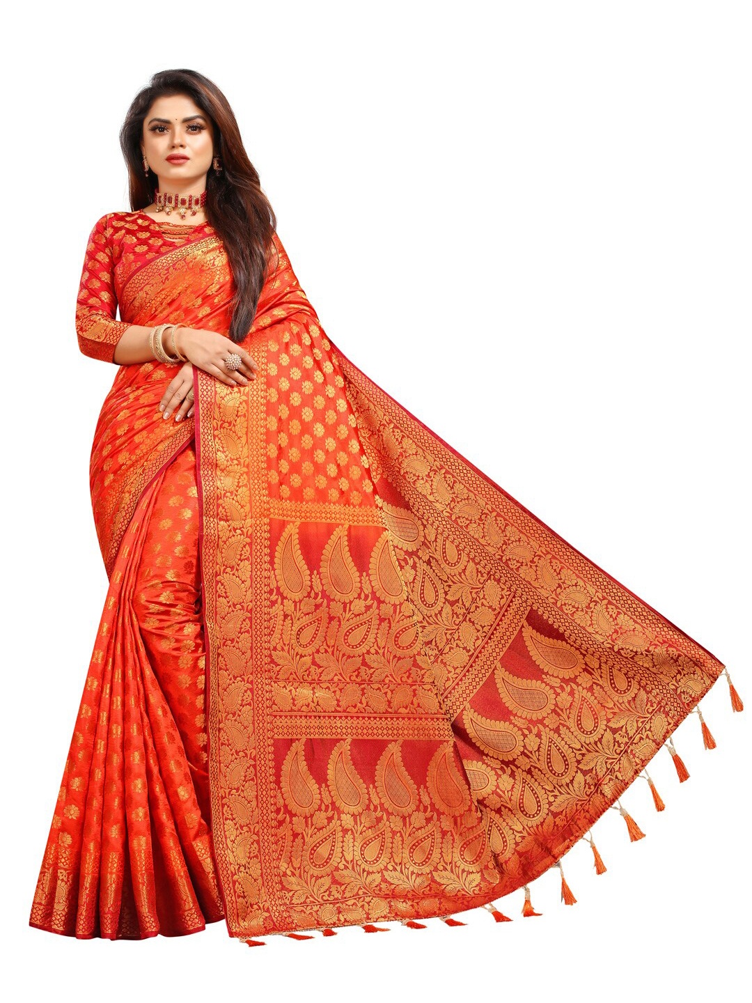 

PERFECT WEAR Rust & Red Ethnic Motifs Zari Silk Cotton Banarasi Saree