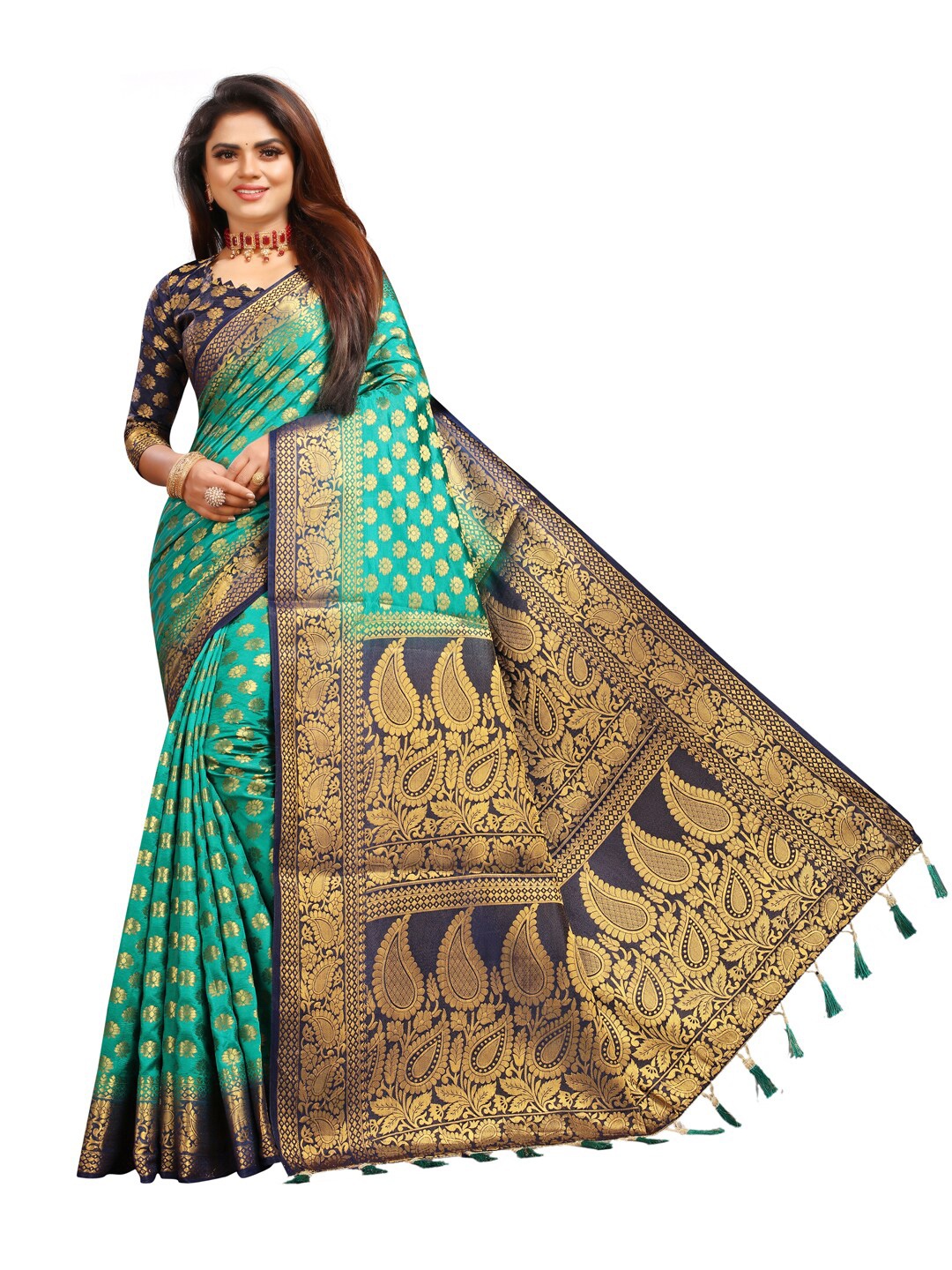 

PERFECT WEAR Blue & Gold-Toned Woven Design Zari Silk Cotton Banarasi Saree