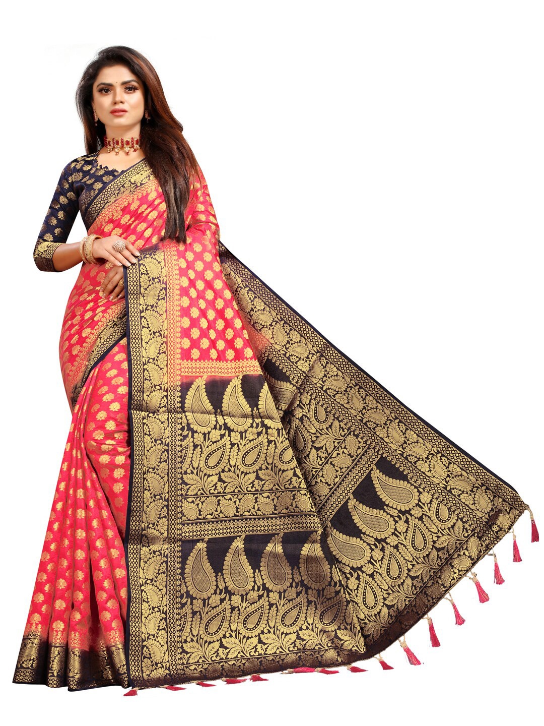 

PERFECT WEAR Pink & Navy Blue Ethnic Motifs Zari Silk Cotton Banarasi Saree