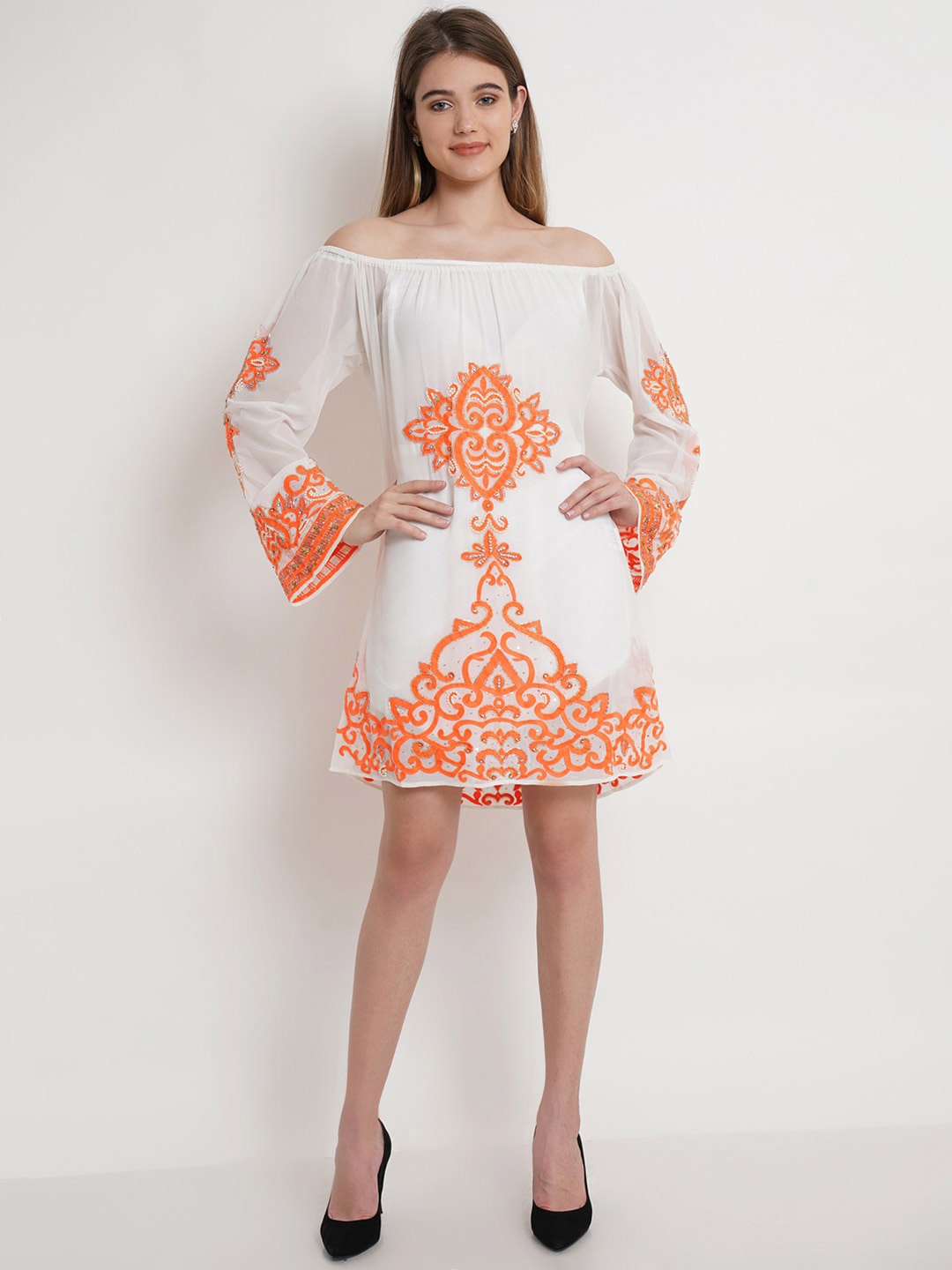 

Purple State White Ethnic Motifs Off-Shoulder A-Line Dress