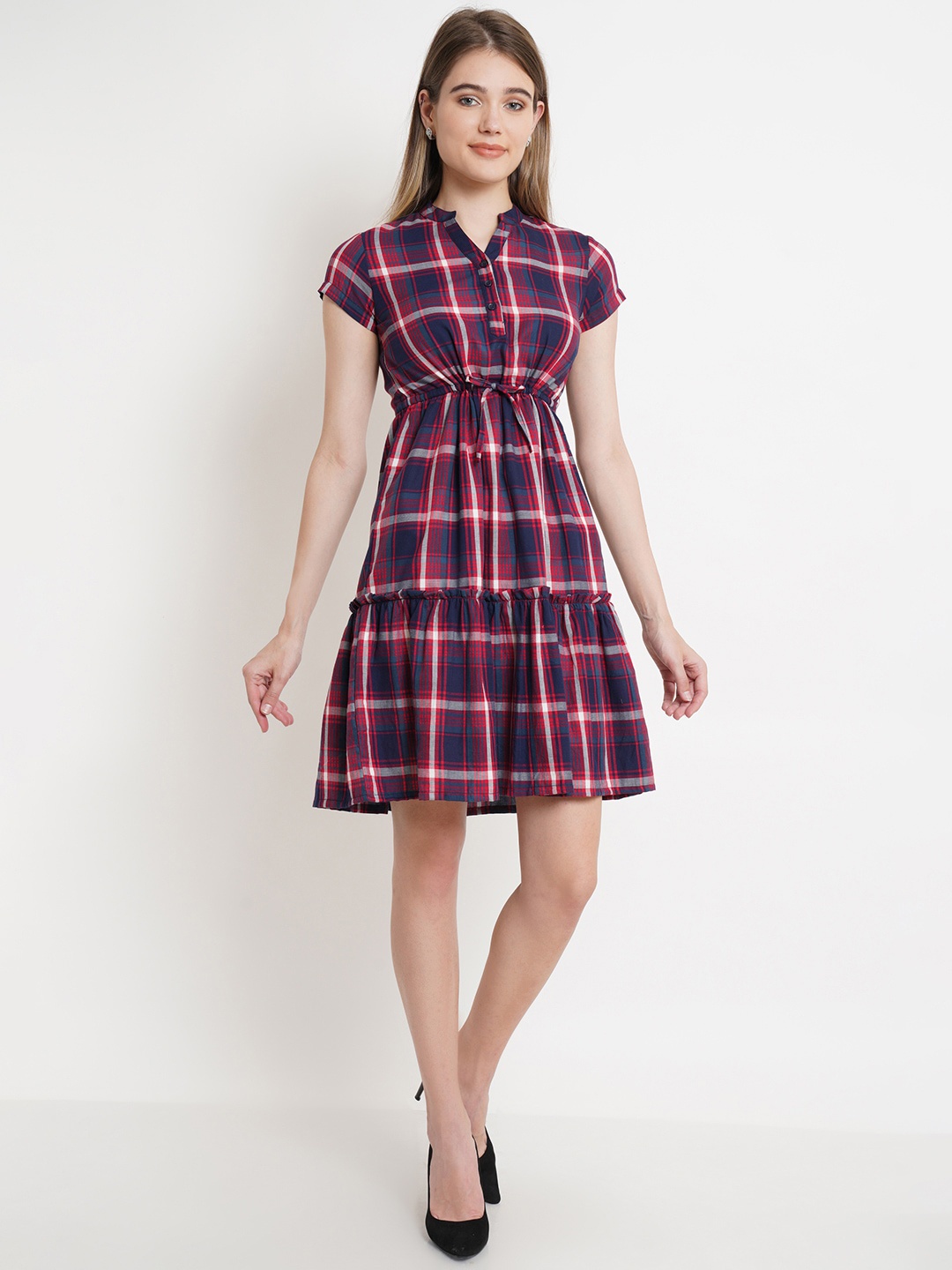 

Purple State Maroon & Navy Blue Checked Fit & Flare Dress