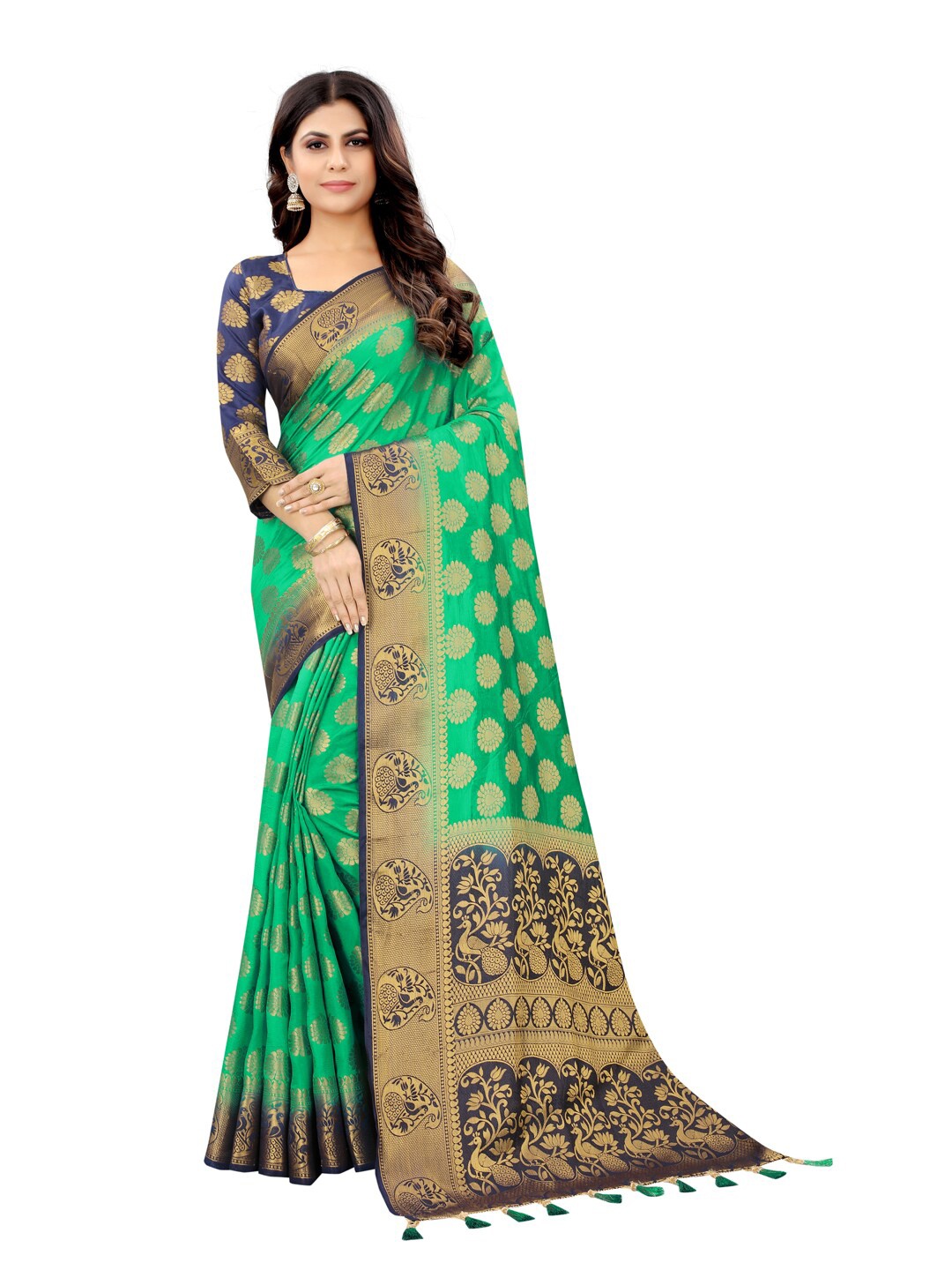 

PERFECT WEAR Green & Navy Blue Woven Design Zari Silk Cotton Banarasi Saree