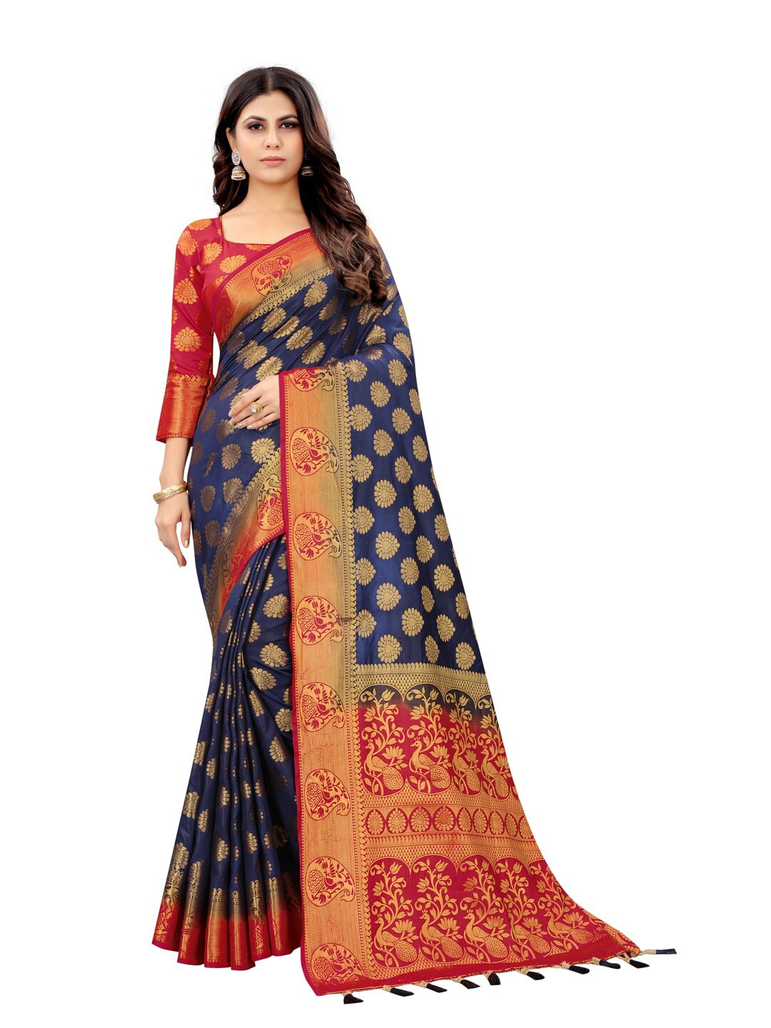

PERFECT WEAR Blue & Pink Woven Design Zari Silk Cotton Banarasi Saree