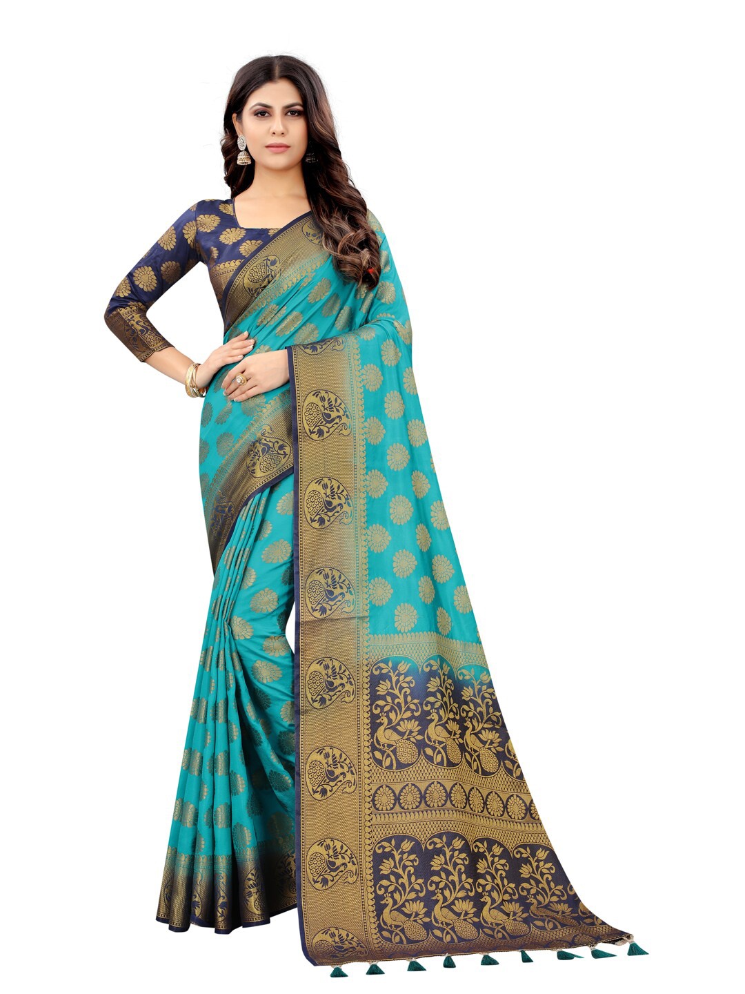 

PERFECT WEAR Teal Blue & Navy Blue Ethnic Motifs Zari Silk Cotton Banarasi Saree