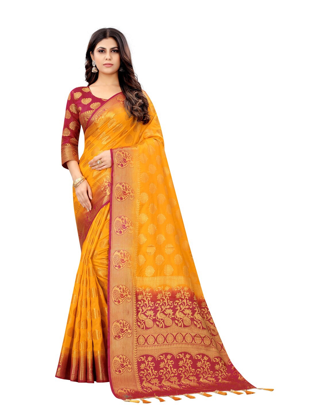 

PERFECT WEAR Mustard & Red Woven Design Zari Silk Cotton Banarasi Saree