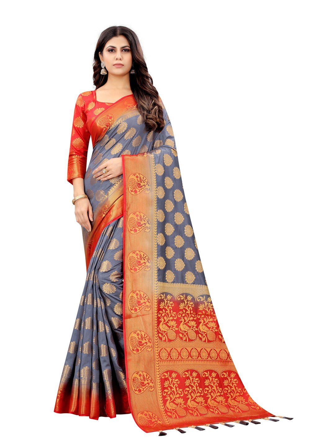 

PERFECT WEAR Grey & Red Woven Design Zari Silk Cotton Banarasi Saree