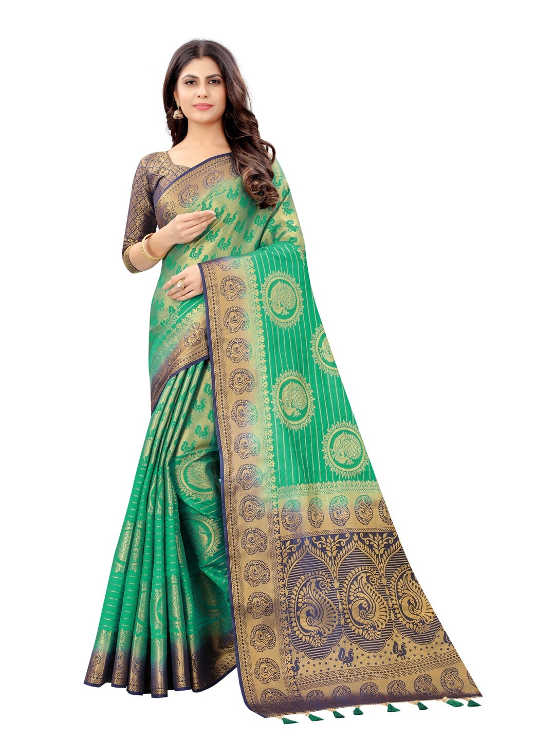 

PERFECT WEAR Teal & Navy Blue Woven Design Zari Silk Cotton Banarasi Saree