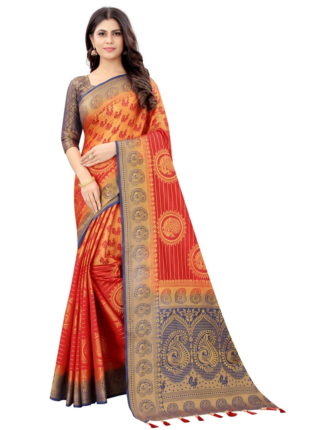 

PERFECT WEAR Red & Blue Ethnic Motifs Silk Cotton Banarasi Saree