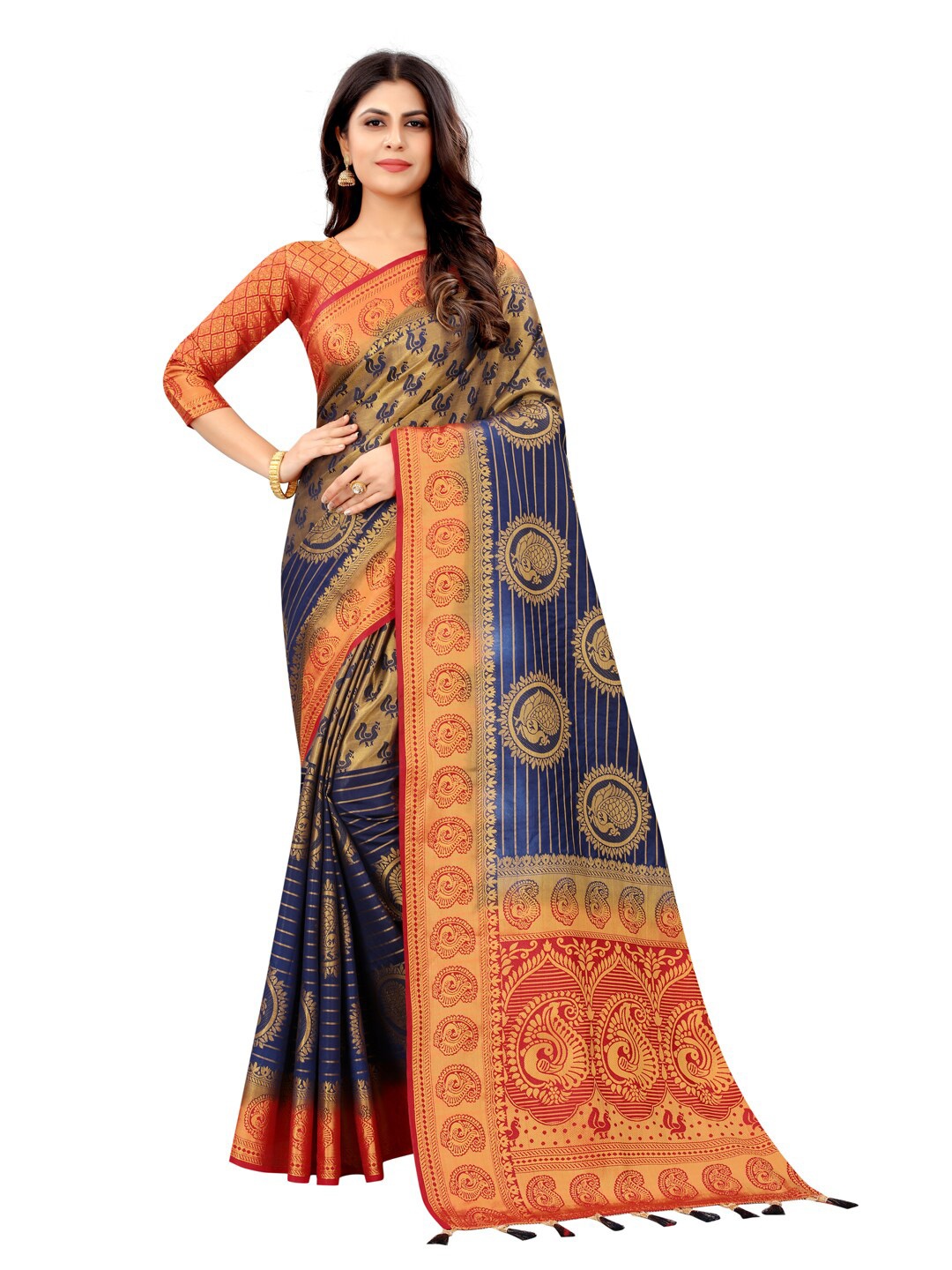 

PERFECT WEAR Blue & Red Woven Design Zari Silk Cotton Banarasi Saree
