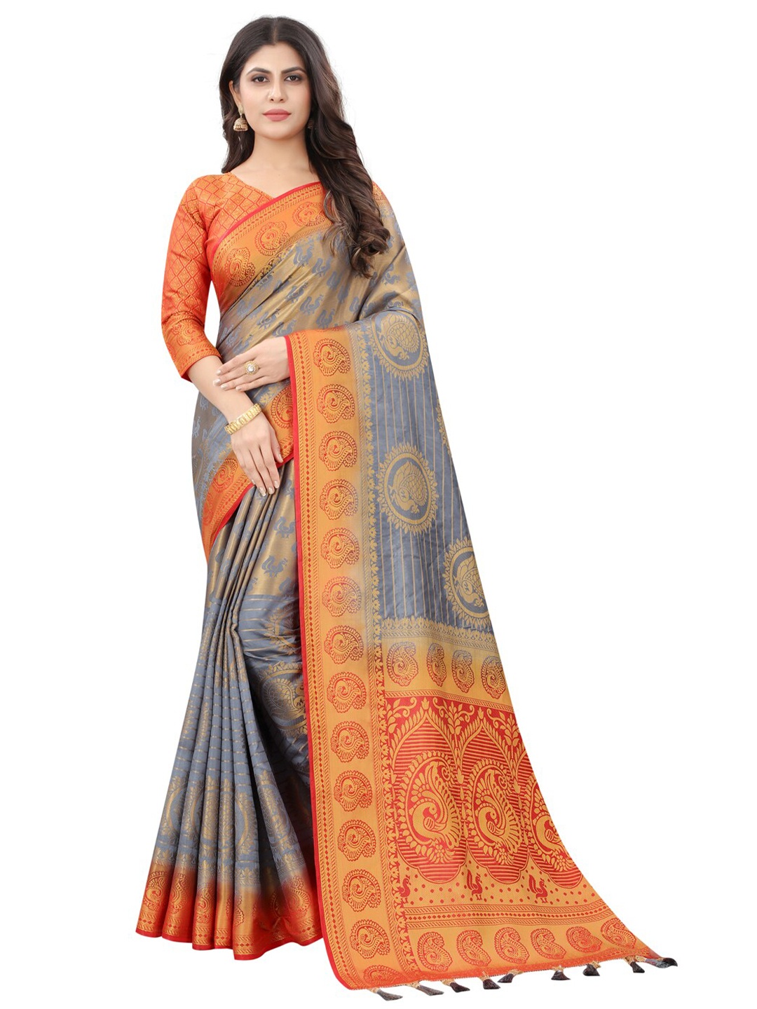 

PERFECT WEAR Grey & Red Ethnic Motifs Zari Silk Cotton Banarasi Saree