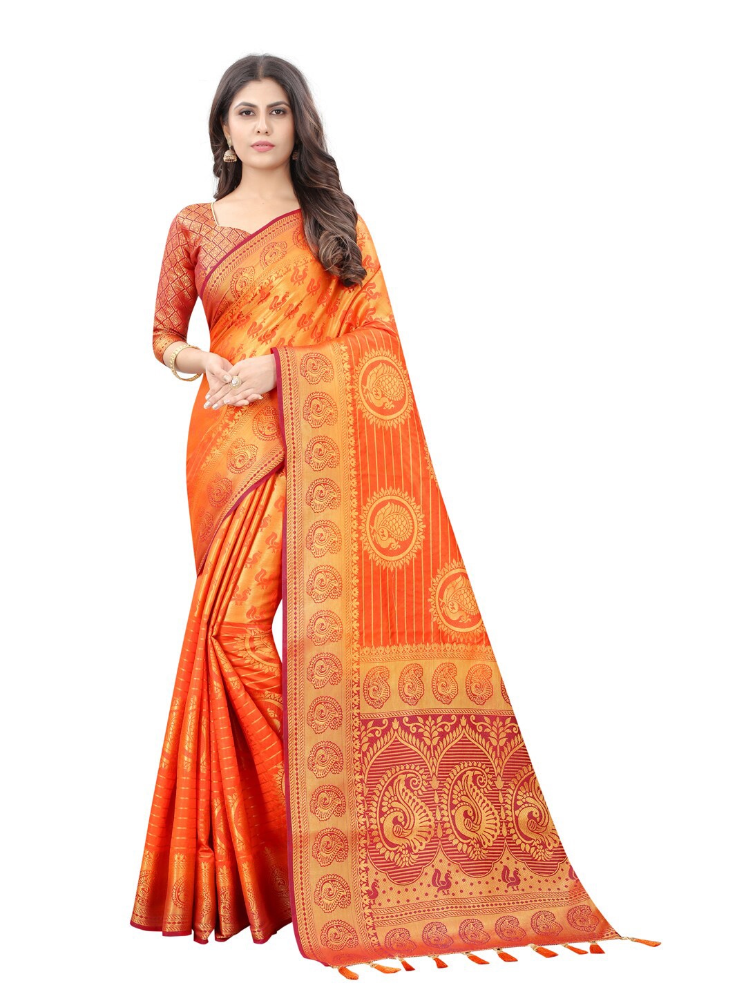 

PERFECT WEAR Rust & Red Ethnic Motifs Zari Silk Cotton Banarasi Saree