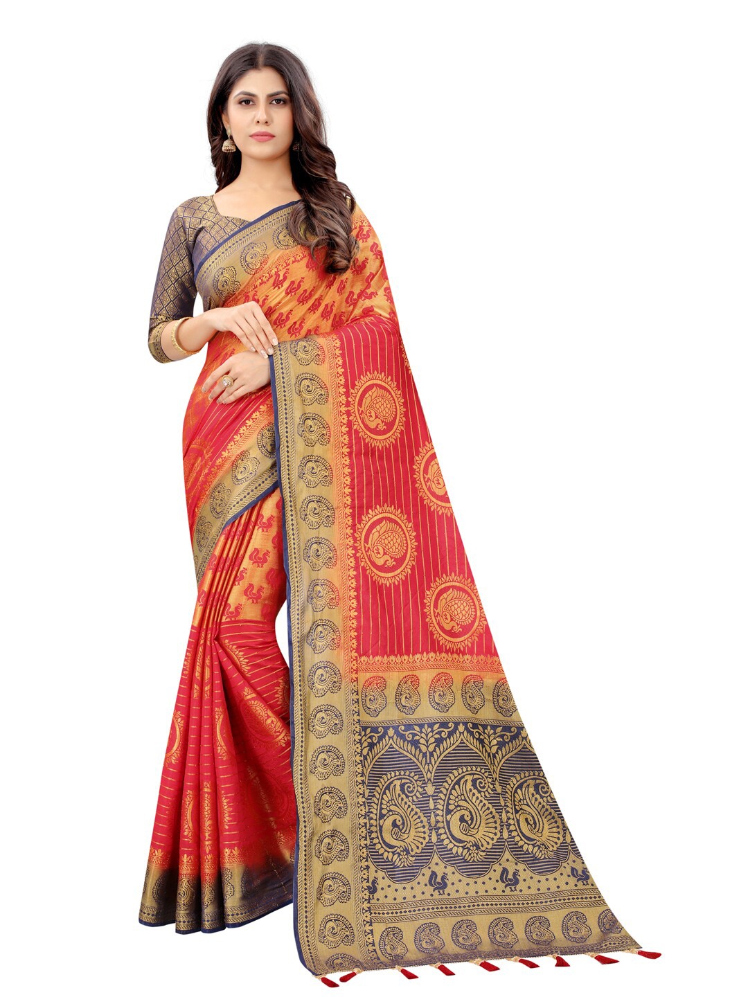 

PERFECT WEAR Pink & Navy Blue Woven Design Zari Silk Cotton Banarasi Saree